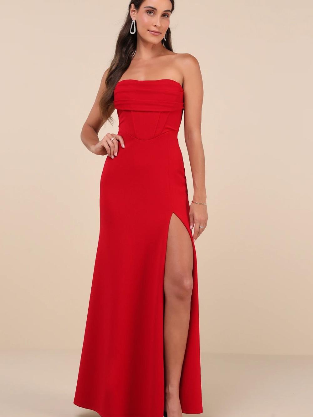 Lulus Spellbinding Allure Red Bustier Strapless Mermaid Maxi Dress - Like New
